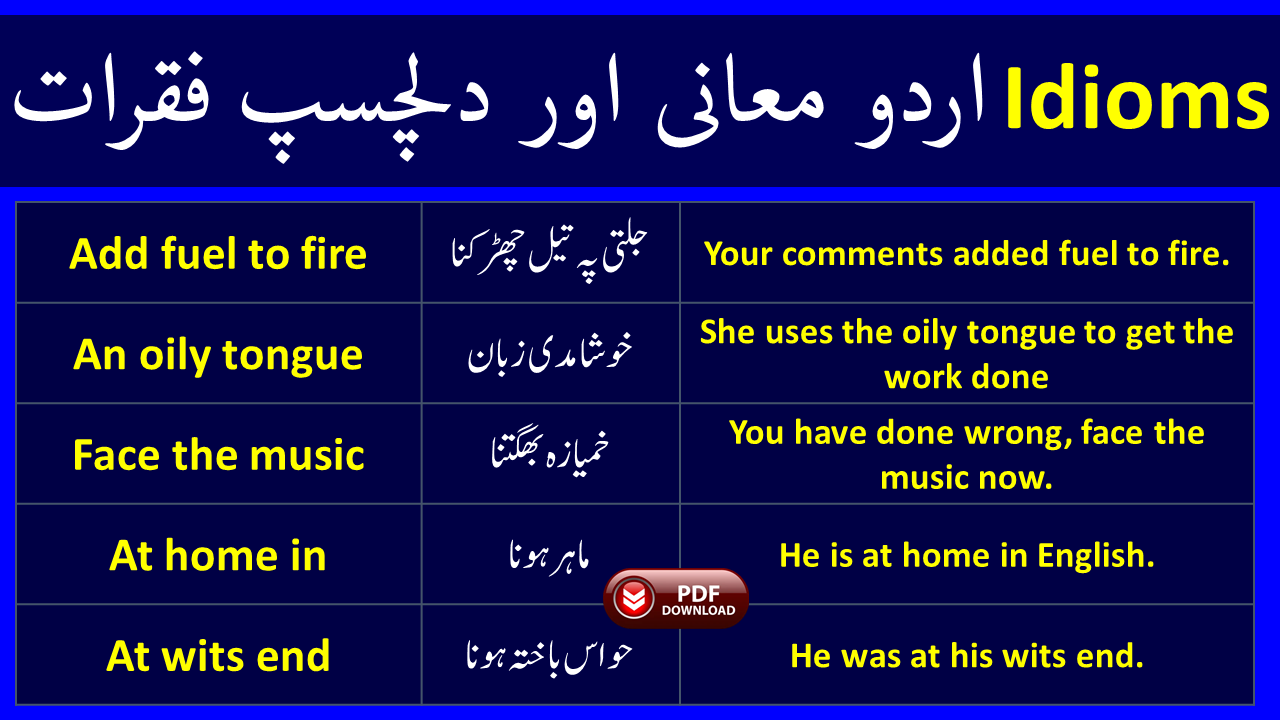 idioms in english with urdu meaning  Idioms and phrases, English  vocabulary words learning, English phrases sentences